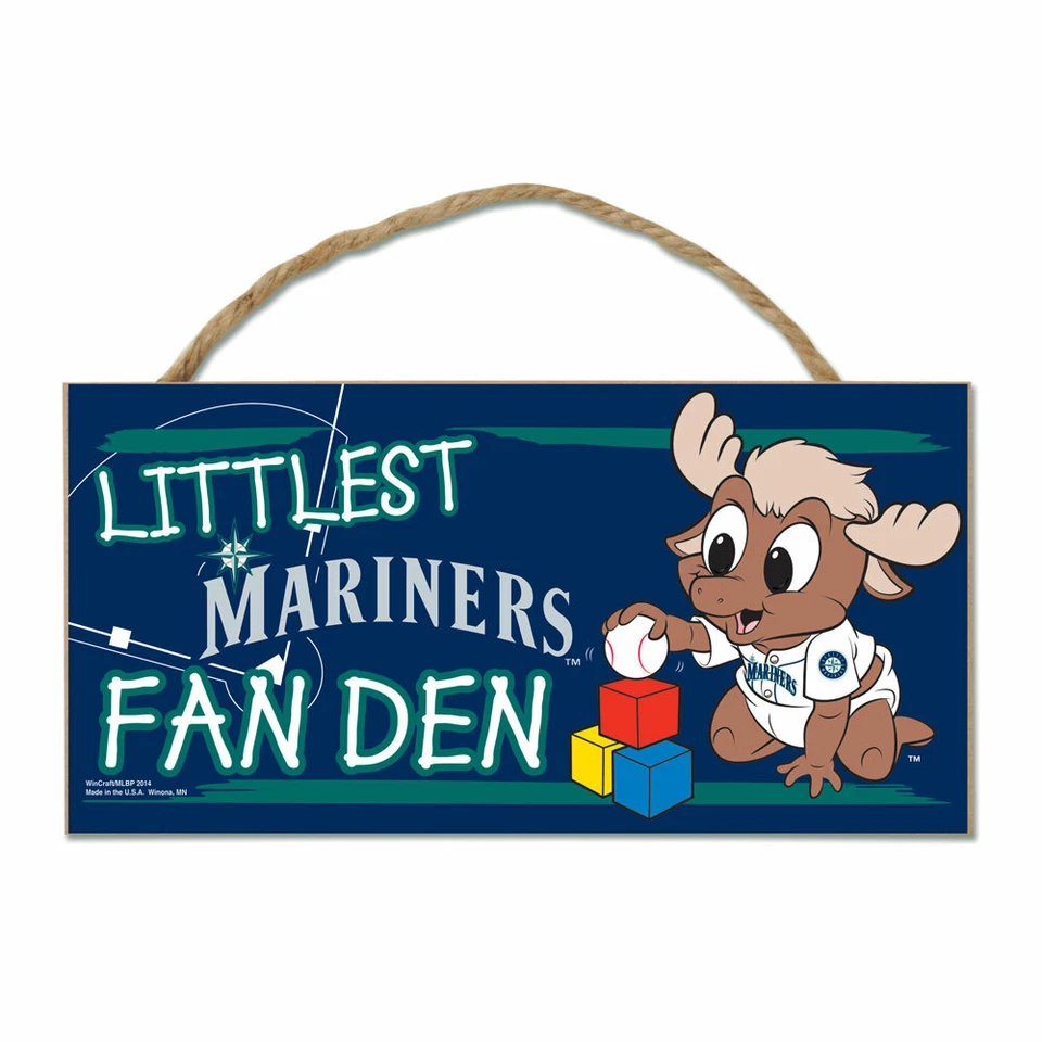MLB LITTLEST MARINERS FAN DEN SIGN 5 X 10  WOODEN WITH ROPE HANGER NEW - Image 1 of 1