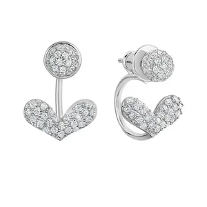 925 Sterling Silver CZ Pave Heart Ear Jacket Earrings Front-Back 2 in 1 Studs - Picture 1 of 9