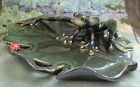 Pottery Art Frog Sculpture on a Leaf with Ladybug Gold Accents Trinket Dish