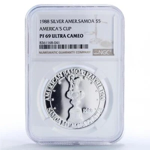 American Samoa 5 dollars America Cup Yachting Ship PF69 NGC silver coin 1988 - Picture 1 of 2