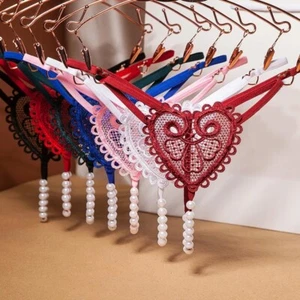 Stimulating Pearl Heart Shaped G-Strings Embellished Thong Love Panties - Picture 1 of 21