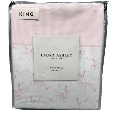 4pc Laura Ashley KING Sheet Set PINK TRAILING RIBBON BOWS Coquette Cottage NEW - Imagem 1 de 4
