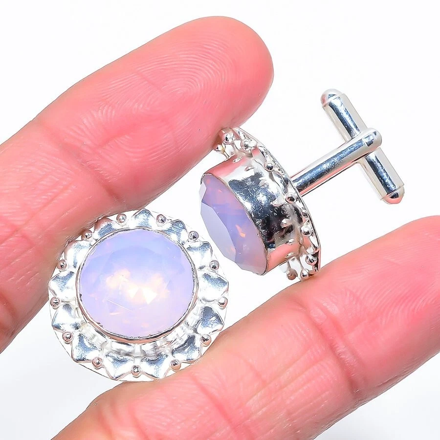 粉色黄玉宝石手工 925 纯银珠宝袖扣 — 第 1/1 张图片