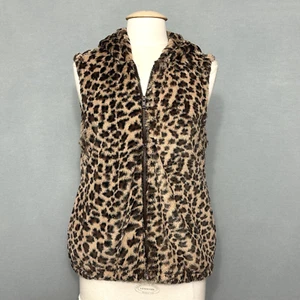 True Grit Women Jacket L Brown Animal Print Faux Fur Hood Full Zip Vest Mob Wife - Picture 1 of 16