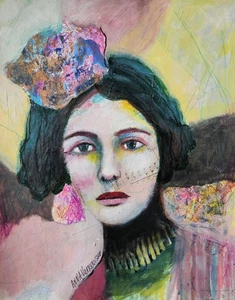 Original Painting Art Abstract Face Expressionist Woman Portrait 14x11 - Picture 1 of 6