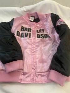 Harley Davidson Girls Jacket Size 6 Satin Pink Black Zipper Embroidered HD - Picture 1 of 11