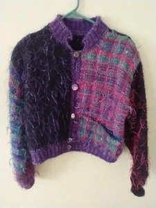 Women's Fuzzy Sweater M Hand Made Multicolor Art To Wear Cardigan - Picture 1 of 16
