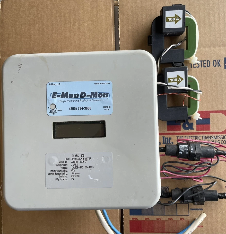 E-Mon D-Mon EMON 3208100-SAR KWH METER, 2 SENSR 100A , 2 FUSE HLDR, 120/208-240V - Image 1 of 2