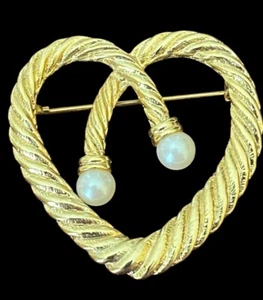 Goldfarbene Kunstperlen gedrehtes Seil Herz Vintage Brosche Schmuck - Bild 1 von 11