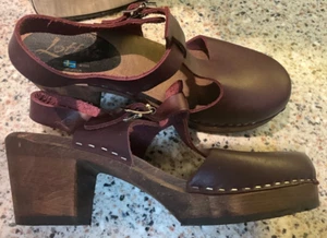 LOTTA’S LOTTA STOCKHOLM HIGHWOOD T-BAR CLOG SZ 42/10 AUBERBINE WOOD HEEL SWEDEN - Picture 1 of 11