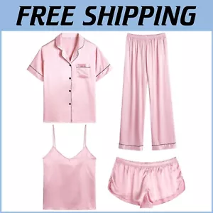 Luxury 4-Piece Women's Silk Satin Pajamas Set - Sexy Cami & Shorts Loungewear - Picture 1 of 7