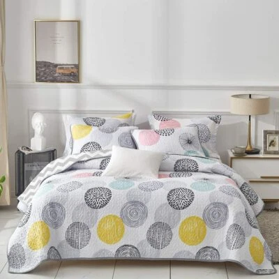 Juego de 3 edredón gris gris amarillo rosa círculos doble completo queen king cama cubrecama Foto 1 de 4