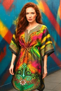True Rock Free Size Multicolor Kaftan Boho Luxe Festival Wear Resortwear Chic - Picture 1 of 9