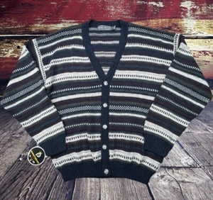 Vtg Cardigan Sweater Mens Large Fair Isle Navy Striped Knit Made USA Grandpa 90s - Picture 1 of 11