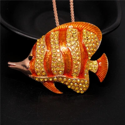 Moda Mujeres Estrás Amarillo Esmalte Peces Tropicales Colgante Cadena Collar Foto 1 de 3