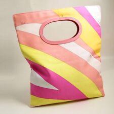 EMILIO PUCCI Fold-over Clutch Handbag Cotton Canvas Pink Leather Trim 11" x 10