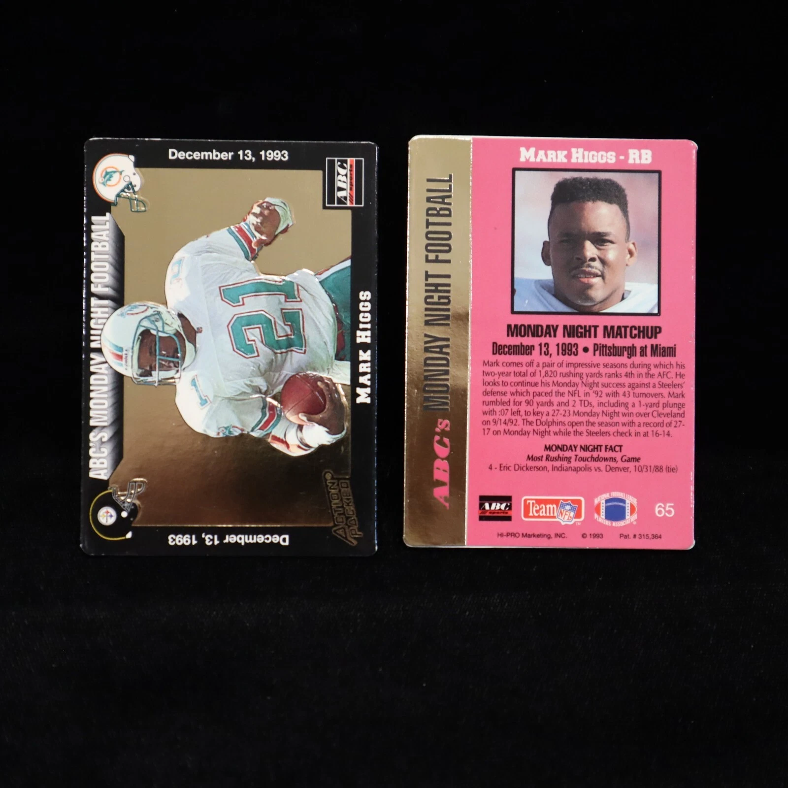 1993 Mark Higgs Miami Dolphins Monday Night Football Action Packed #65
