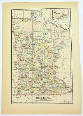 Mapa del Estado de MINNESOTA 1898 Litografía coloreada a mano 10,75 x 7,25 Foto 1 de 2