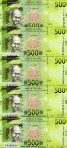LOTE Guinea, 5 x 500 francos, 2018, P-Nuevo, UNC rediseñado - Imagen 1 de 2