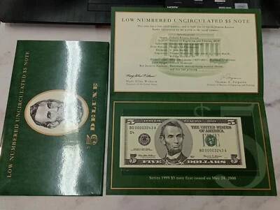 Low Numbered 1999 Uncirculated $5 Deluxe Note in BEP Folder BD 00003243 A - Image 1 of 4