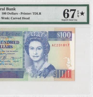 1994 BRITISH COLONY BELIZE QEII $100 **RARE** "AC" (( PMG 67 EPQ with Star )) - Image 1 of 4