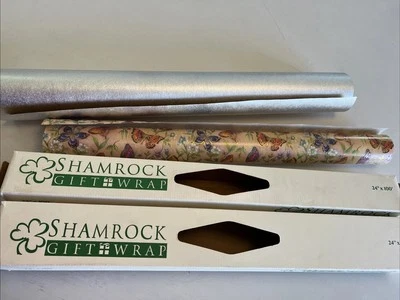 2 Vtg SHAMROCK Gift Wrap 24" Rolls Silver Metallic Butterfly Department Store - Image 1 of 4