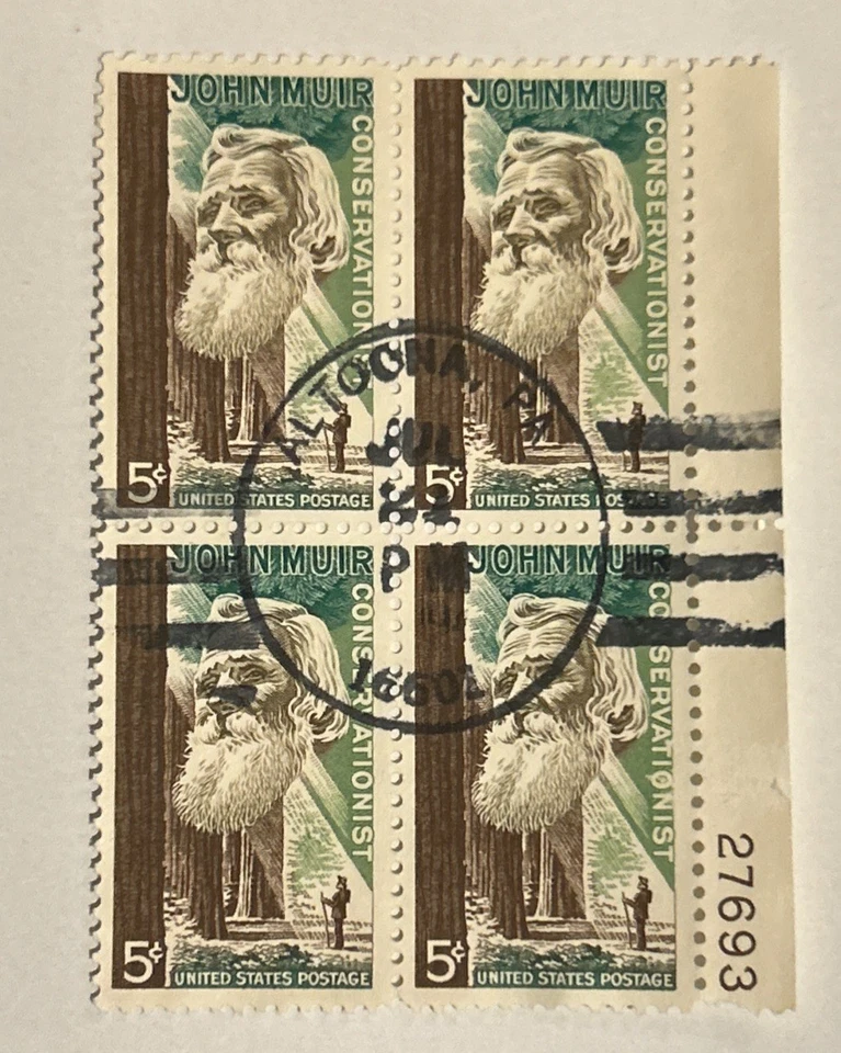 1964 John Muir Block of 4 5c Postage Stamps, Sc# 1245 Posted Altoona, PA - Image 1 of 2