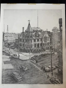 Vintage 1950er Lithographie Druck Boise 1. Rathaus GELBES LICHT am 8. & Idaho - Bild 1 von 9