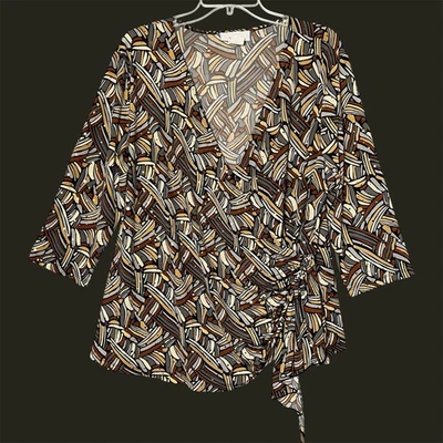 Top envolvente Dressbarn talla grande 2X puntos dorados geométrico carrera oficina tonos marrones Foto 1 de 4