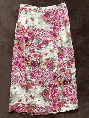 Haute Hippie 100% Linen Faux Wrap Skirt Size M Pink Floral Pockets Straight Boho - Image 1 of 4
