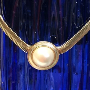 Vintage Parklane Golden Cobra Chain Large Faux Pearl Choker Necklace Tag 80’s - Picture 1 of 12