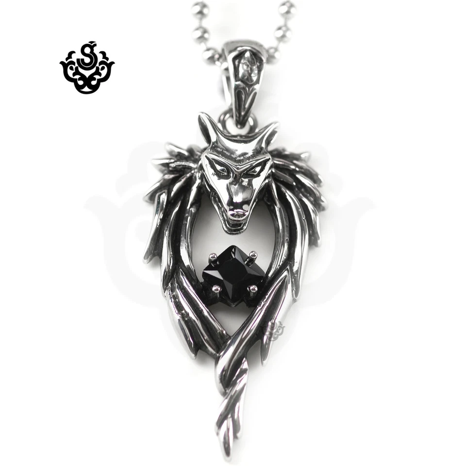 silver wolf pendant stainless steel black crystal ball chain necklace Foto 1 de 1