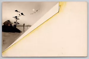 Early 1900s China Hand Painted Art Postcard Dusk Lake Hut Silhouette Full Moon - Bild 1 von 2