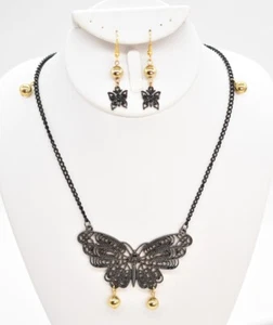 28" Gold-T Bead,Black Enamel Filigree Butterfly Chain Pendant Necklace/Earrings - Picture 1 of 3