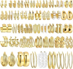 42 Pairs Gold Hoop Earrings Set for Women, Fashion Chunky Pearl Earrings Multipa - Picture 1 of 2