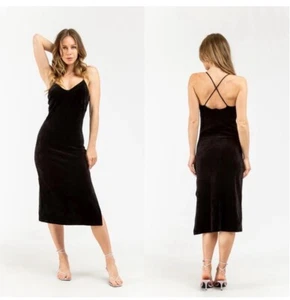 Juicy Couture Women's Medium Pitch Black Stretch Velour Cross Back Slip Dress - Picture 1 of 15