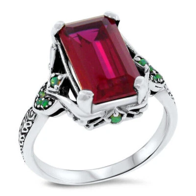 ANILLO ESTILO VICTORIANO PLATA ESTERLINA 925 7 QUILATES ROJO CREADO EN LABORATORIO RUBÍ Y ÓPALO 492X Foto 1 de 2