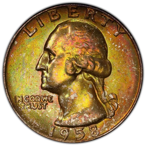 Rainbow Toned 1958-D Washington Quarter PCGS MS66 Amezinf Colors Toning Cover
