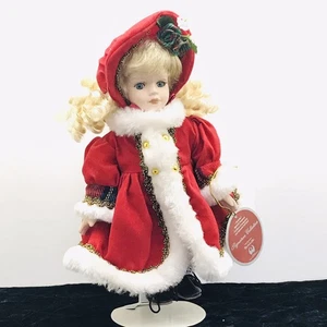 Petite Porcelains by Barbara Lee Christmas Doll Red Coat & Dress Blonde Hair 8" - Picture 1 of 12