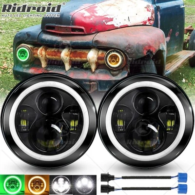 For Ford F1 1948 1949 1950 1951 1952 Pair 7" Inch Round LED Headlights Black DOT - Image 1 of 4