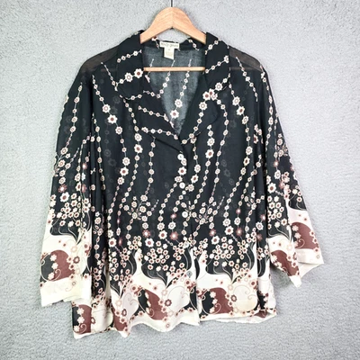 Blusa Molly Grace Mujer 2X Marrón Floral Transparente Manga Abertura Concha Botón Top Foto 1 de 4