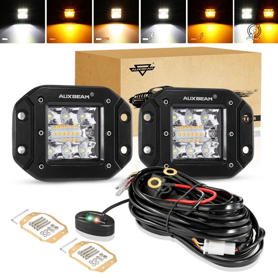 AUXBEAM 5" LED Work Light Bar Amber/White Strobe Flash Offroad Driving Fog ATV