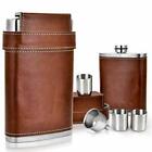 8oz Stainless Steel 236ml Hip Flask Brown PU Leather with 3 Cups and Funnel