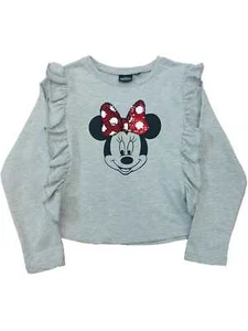 Disney Girls Gray Ruffle Minnie Mouse T-Shirt Long Sleeve Sequin Top - Picture 1 of 1
