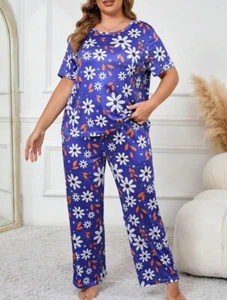 PYJAMA PLUS 18 20 22 24 26 28 DARK BLUE FLORAL DAISY STRETCH LOUNGEWEAR COMFORT - Picture 1 of 3