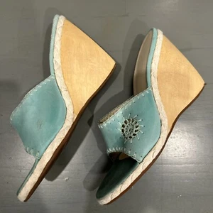 BCBGirls Turquoise Crochet Wedges Platforms Heels Suede Wood Brazil hardly worn - Picture 1 of 11