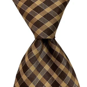 HUGO BOSS Men's 100% Silk Necktie ITALY Designer CHECKERED Brown/Tan/White EUC - Picture 1 of 3