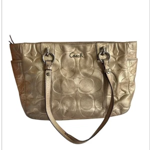 Coach East West F17727 Gallery Embossed Metallic Gold Leather Tote Handbag Purse - Picture 1 of 11
