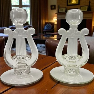 Pair of Harp Lyre Clear Glass Candlesticks Taper Candle Holder 6.5" Harp Design - Picture 1 of 18