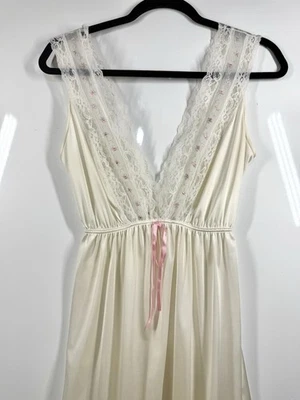 Vintage 70s Gilead Lace Trim Long Bridal Nightgown Empire Plunge Women Sz Small - Image 1 of 4